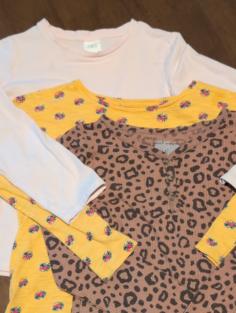 Bundle Of Girls' Long Sleeve 3-Pack - Light Pink, Yellow Floral, Brown Leopard